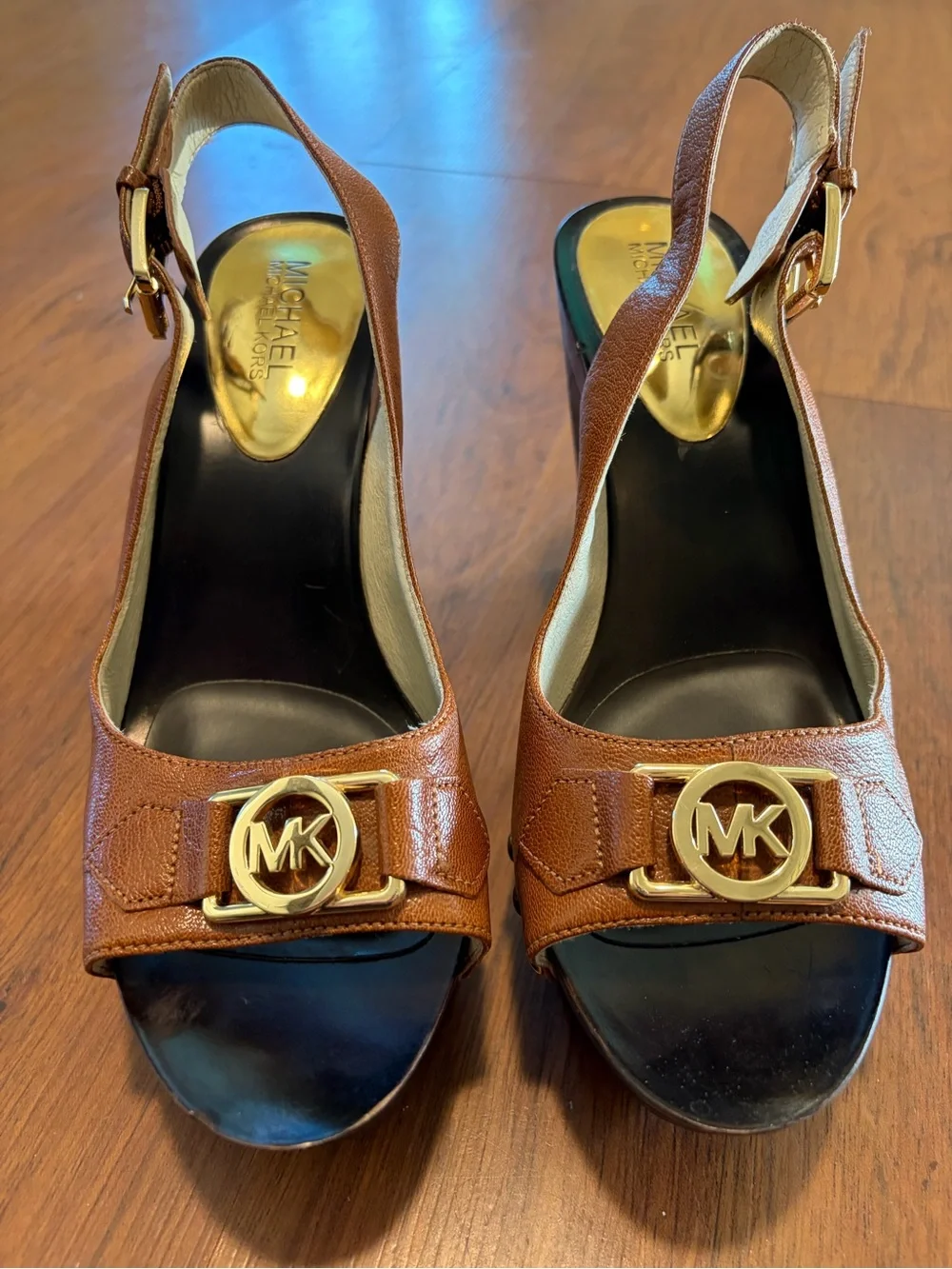 Michael Kors Charm Slingback Brown with Gold-Accent Wedge Sandals